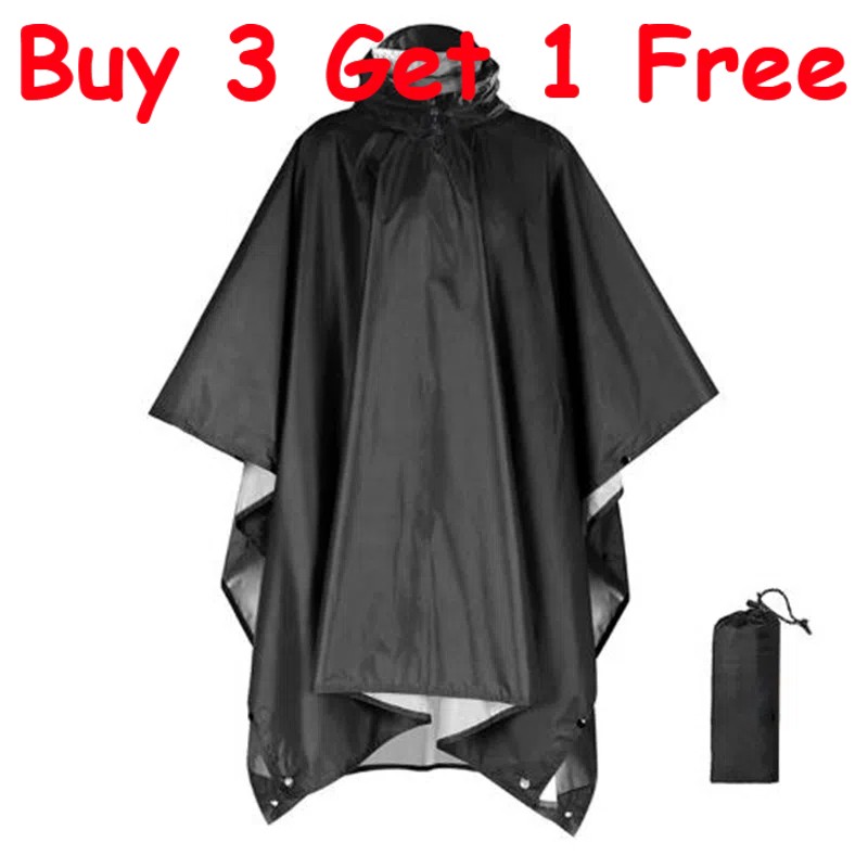 Waterproof Hooded Ripstop Rain Poncho Military Camping Hiking Raincoat Black
