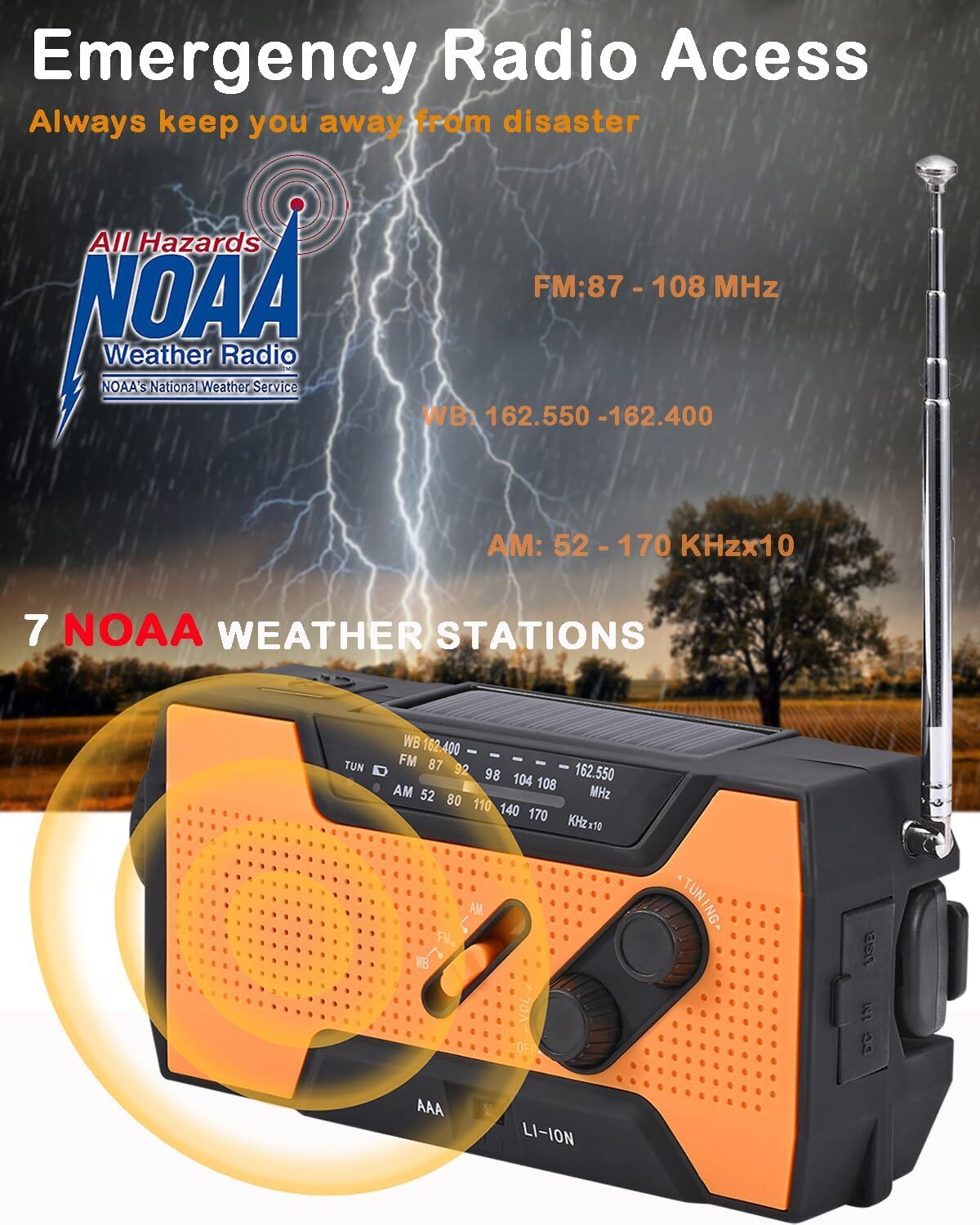 Emergency Solar Hand Crank Weather Radio 2000mAh Power Bank Charger Flash Light