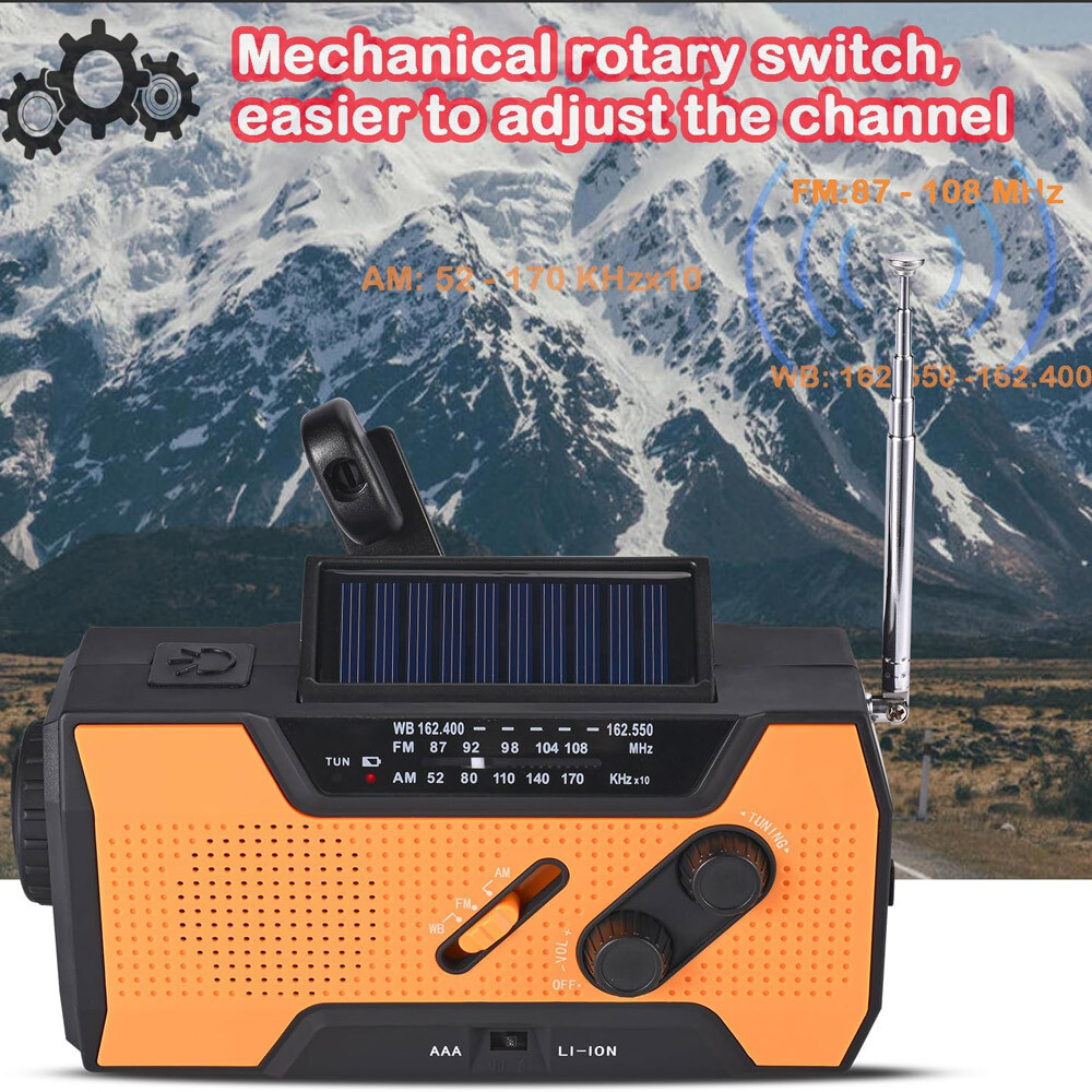 Emergency Solar Hand Crank Weather Radio 2000mAh Power Bank Charger Flash Light