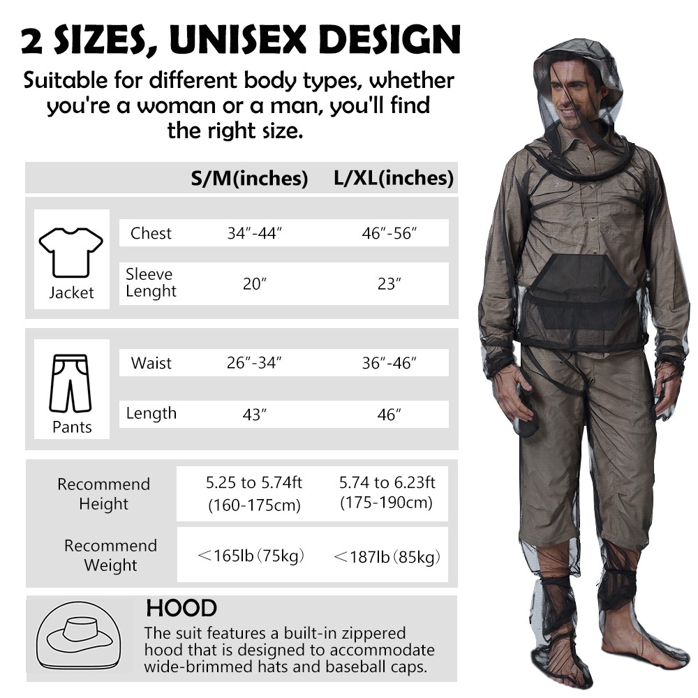 Unisex Mosquito Suit Net Bug Mesh Pant & Jacket with Hood for Outdoor Protection