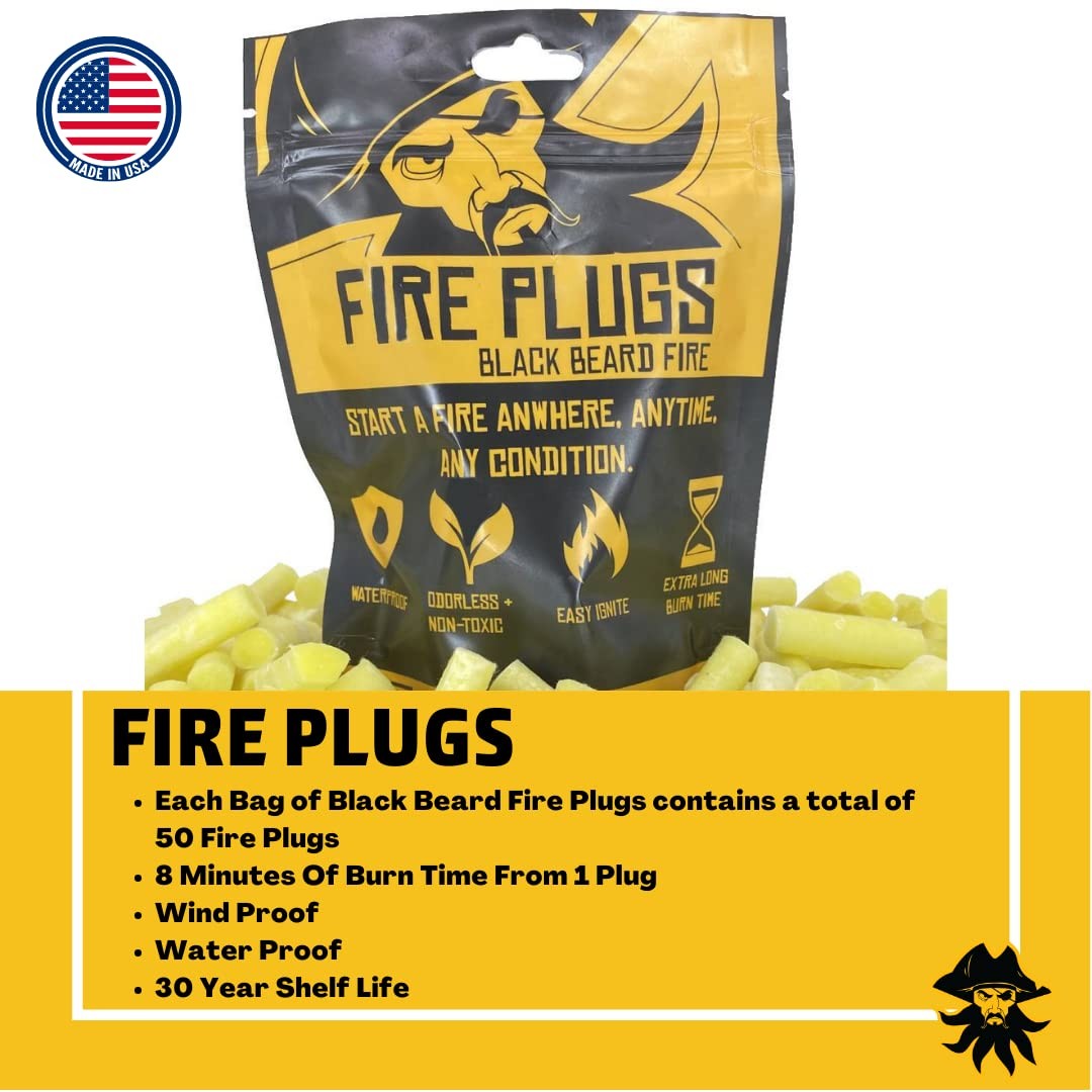 Black Beard Fire Plug Kit – 50 Waterproof Fire Plugs, Arc Lighter, Ferro Rod …