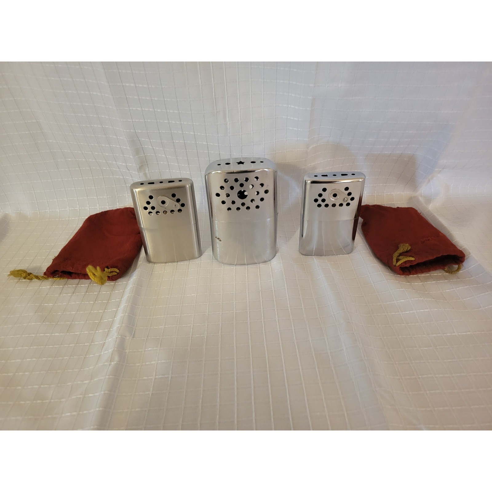 Vintage Catalytic Hand Warmer Set 3pc Metal Reusable Heaters with Red Pouches