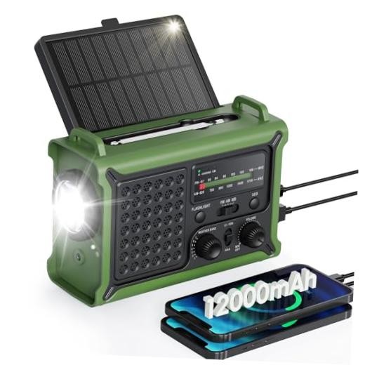 Emergency Weather Radio with Large Solar Panel, Efficient Hand Crank Army Green