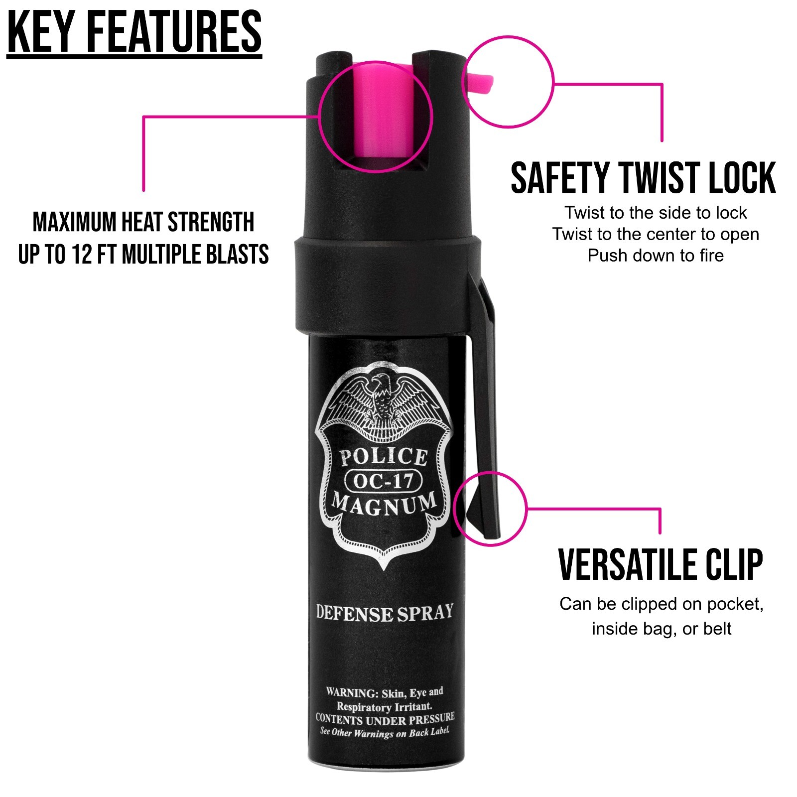 4 Police Magnum Pepper Spray Safety .75oz HP Pocket Clip Self Defense Protection