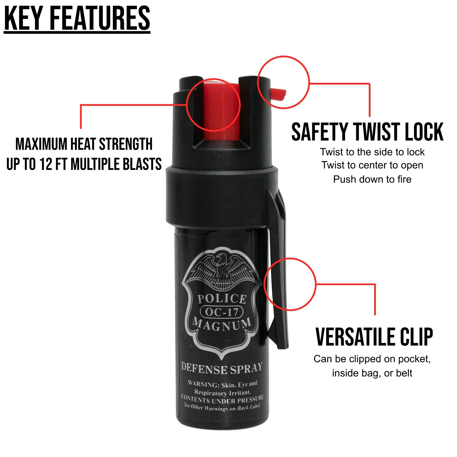 5 Police Magnum pepper spray .50oz collar pocket clip safety defense security