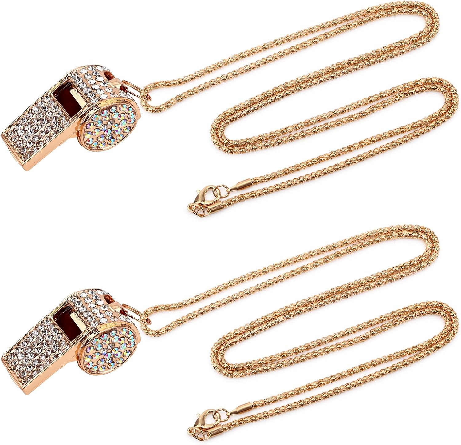 2Pcs Bling Whistle Necklace Crystal Rhinestone Loud Metal Whistle with Chain