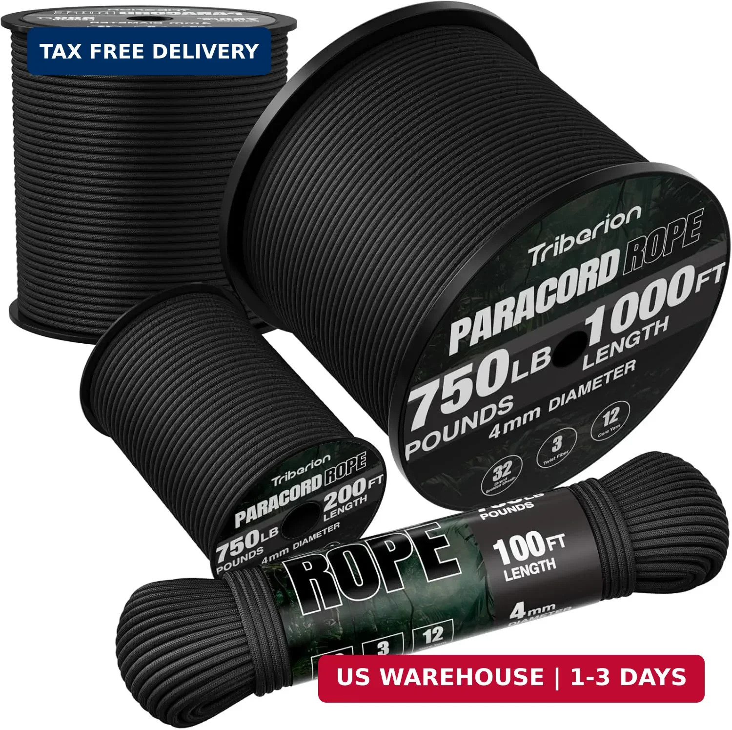 Paracord Rope 750 lb – 1000ft / 500ft / 200ft / 100ft 5/32″ Parachute Cord 4MM 1