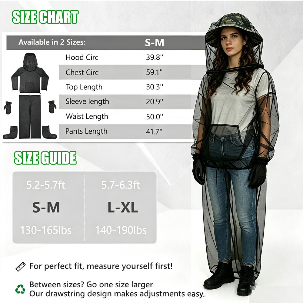 Mosquito Suit Mesh Anti Bug Jacket with Hood Mitts for Hunting Fishing Men Women