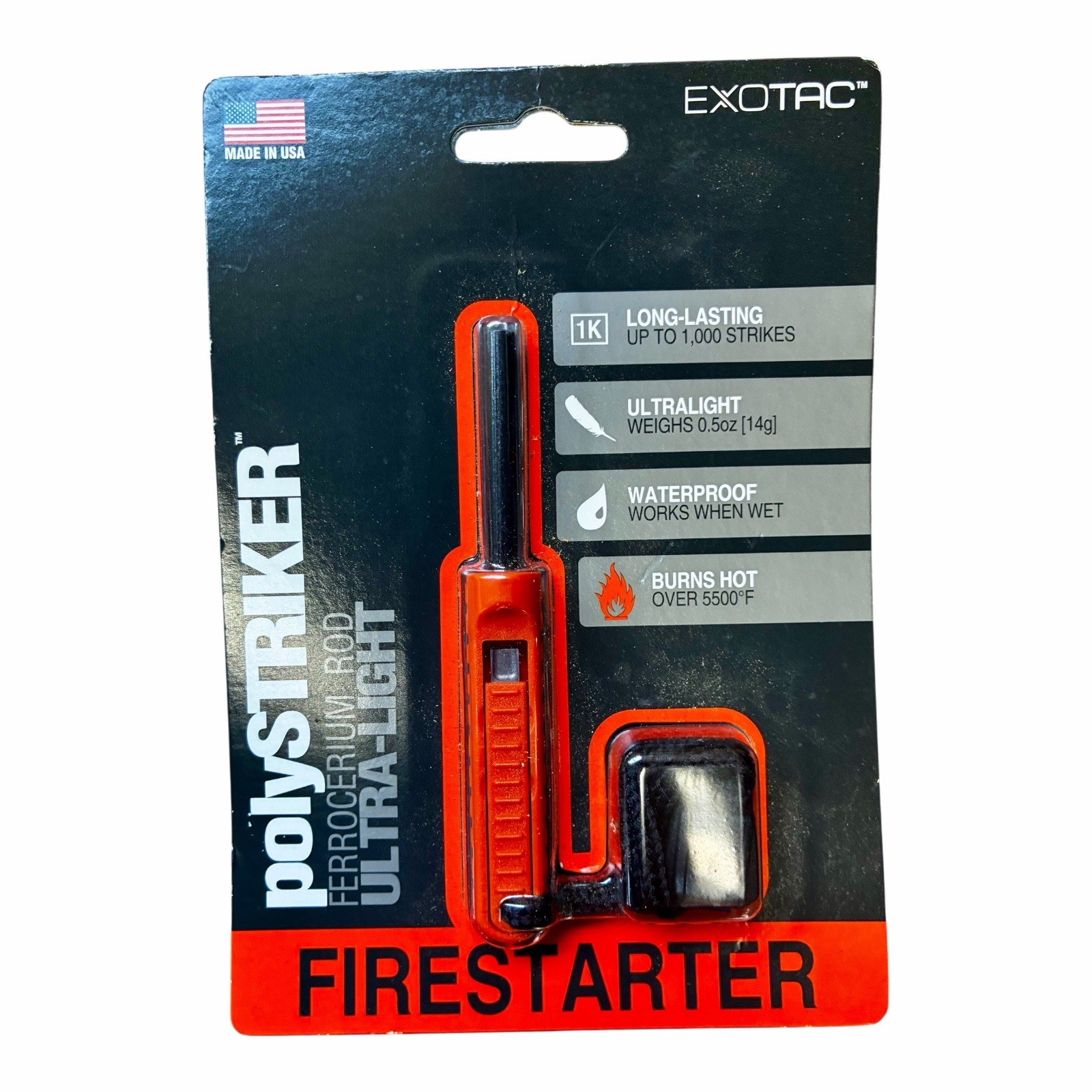 Exotac polySTRIKER Ultralight Ferrocerium Rod Firestarter – Orange, New on Card