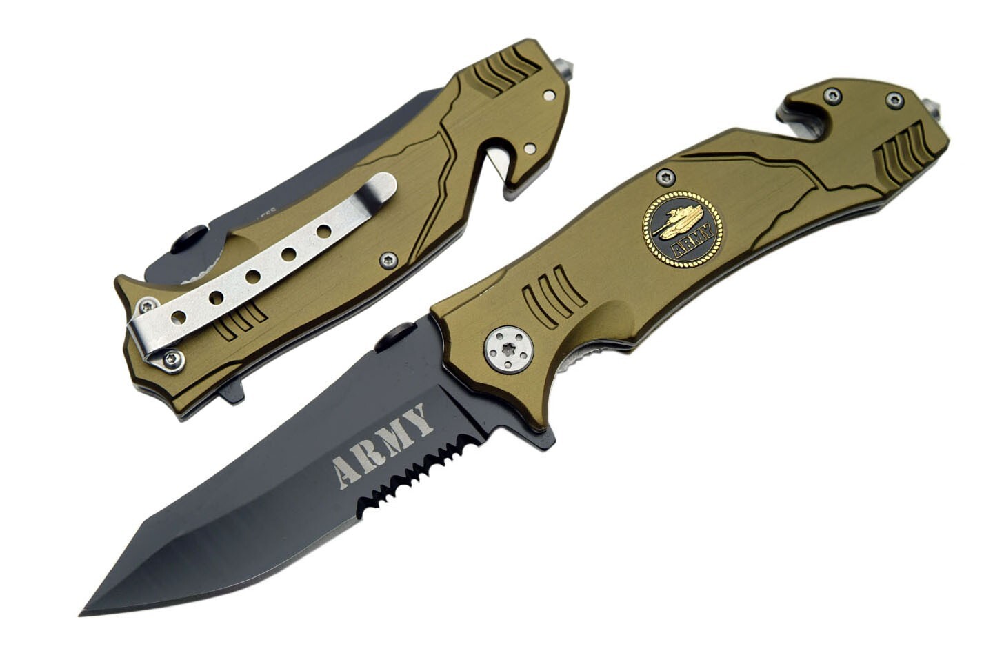 ARMY Assisted Opening Rescue Knife – Black & Green – Tanto Blade – NEW