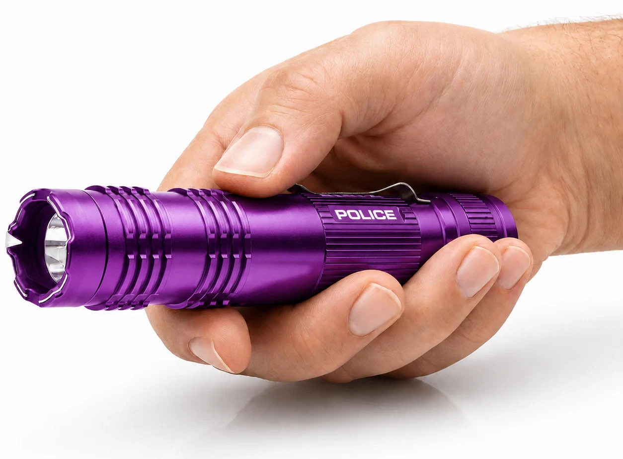 POLICE Stun Gun M12 Metal Self Defense Rechargeable LED Flashlight Purple