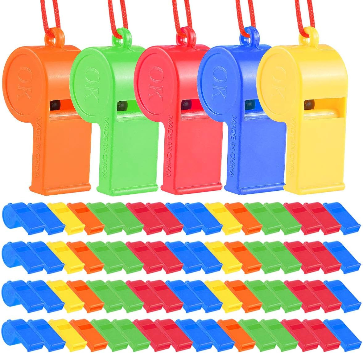 WSYUB 72Pcs Plastic Whistles, Bulk Whistles, Training Sports Whistles with Lanya