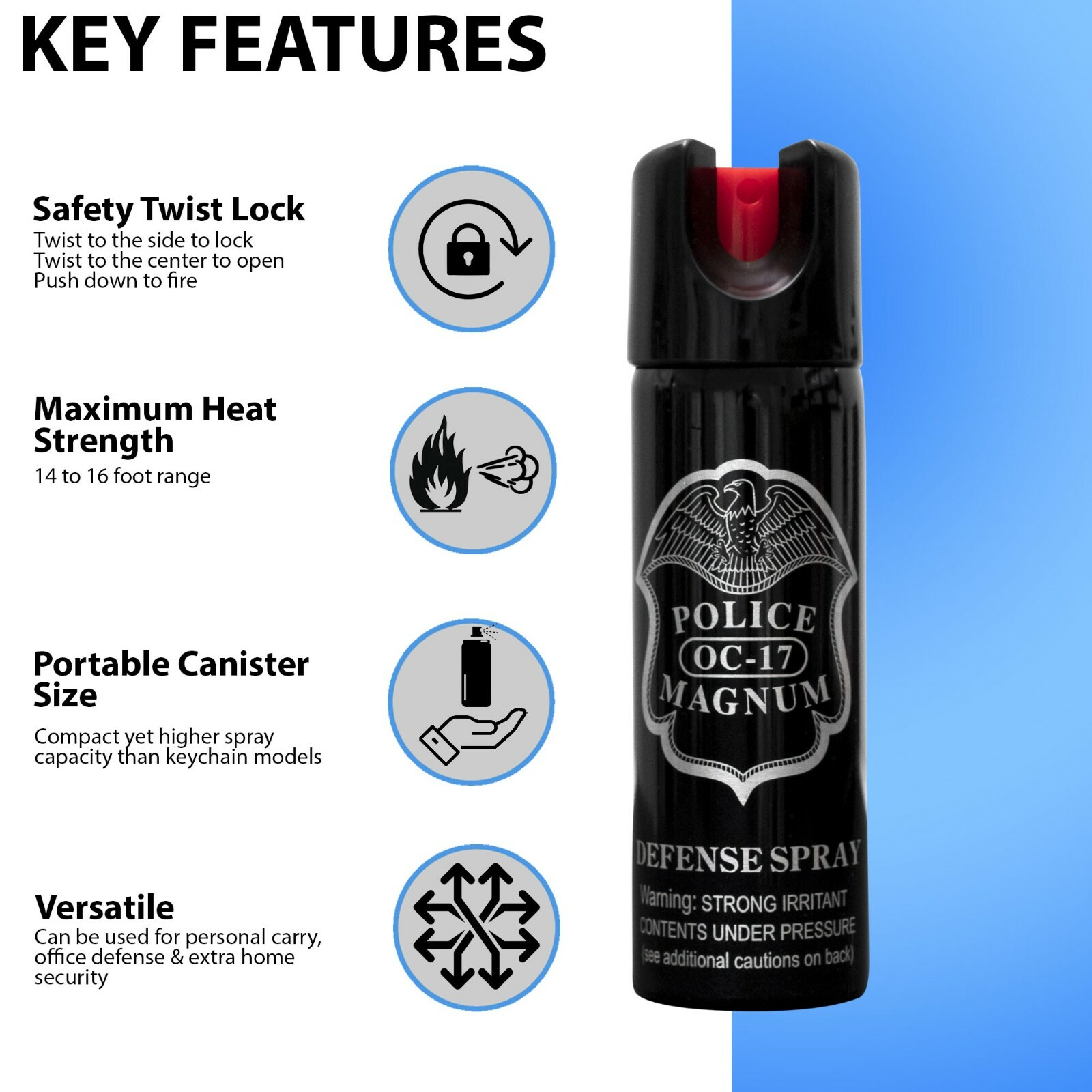 5 Police Magnum pepper spray 3 ounce Twist Lock Safety Personal Defense Security