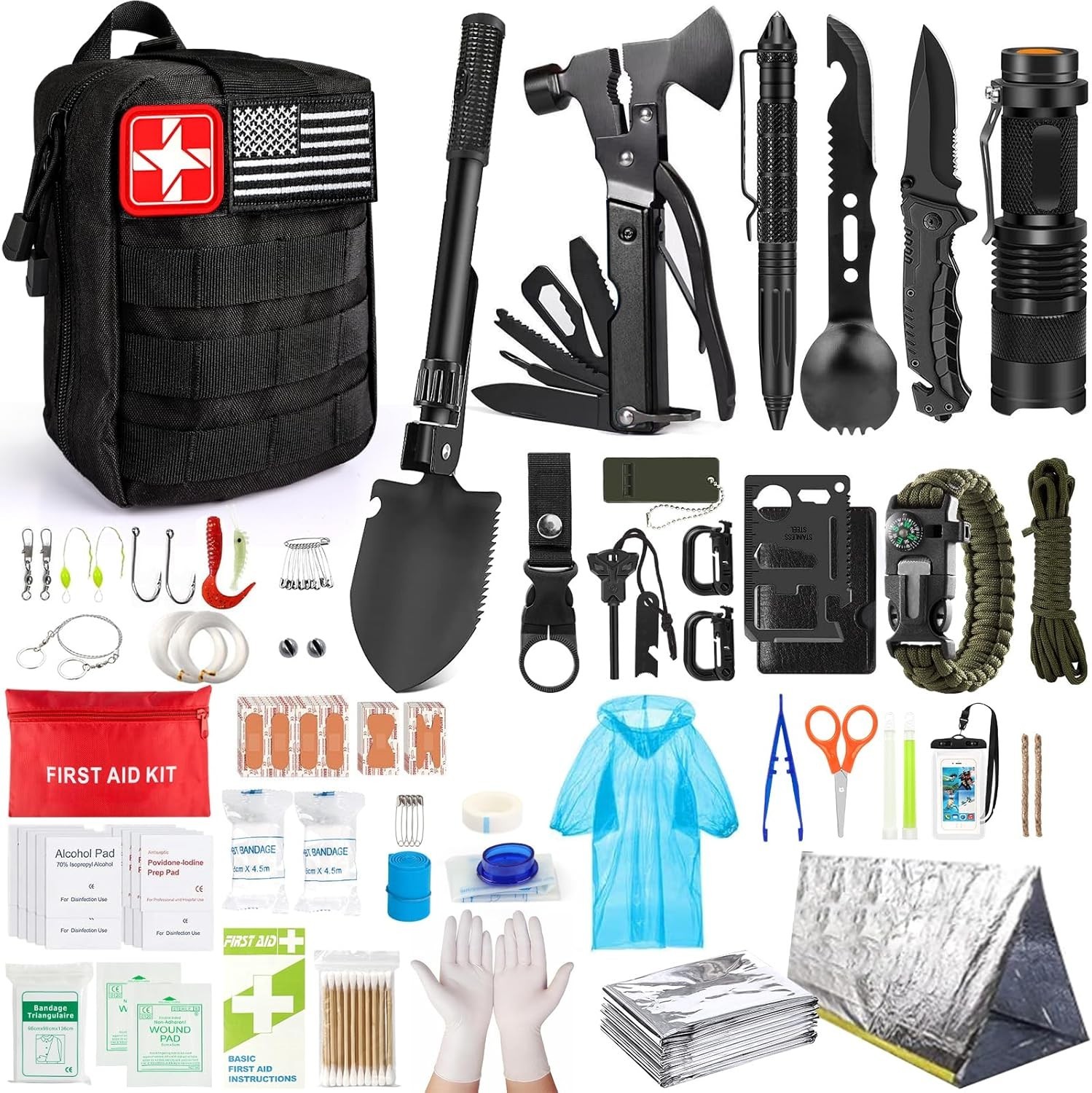 251PCS Survival Kit First Aid Emergency Gear w Molle Bag Tent Camping Set