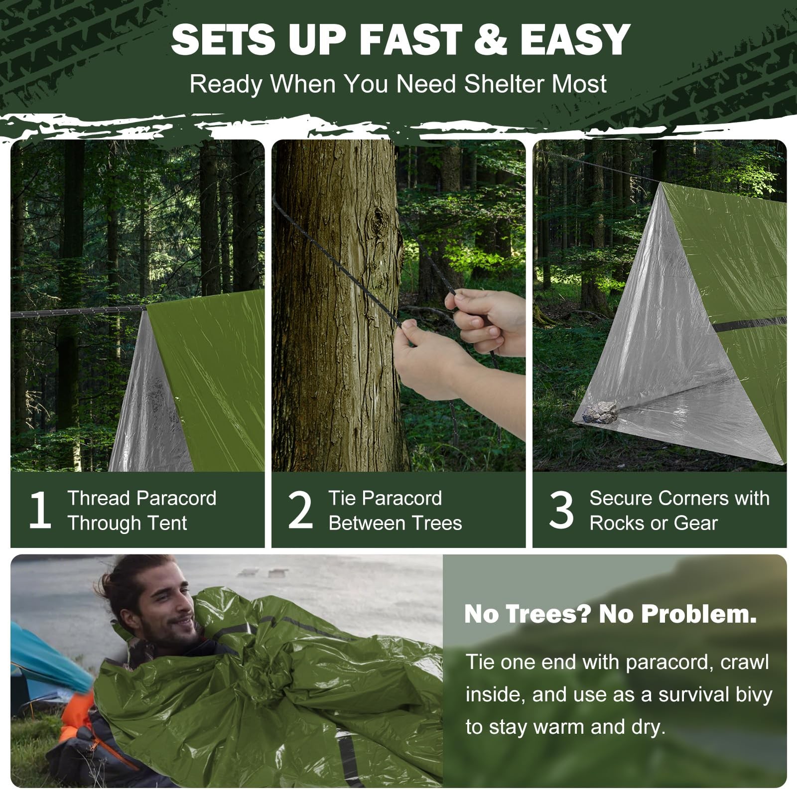Life Emergency Shelter Survival Tent – 2 Person Space Blanket 2 Pack, Green