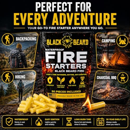Black Beard Fire Plugs (50 Plugs) | 100% Weatherproof Fire Starter for