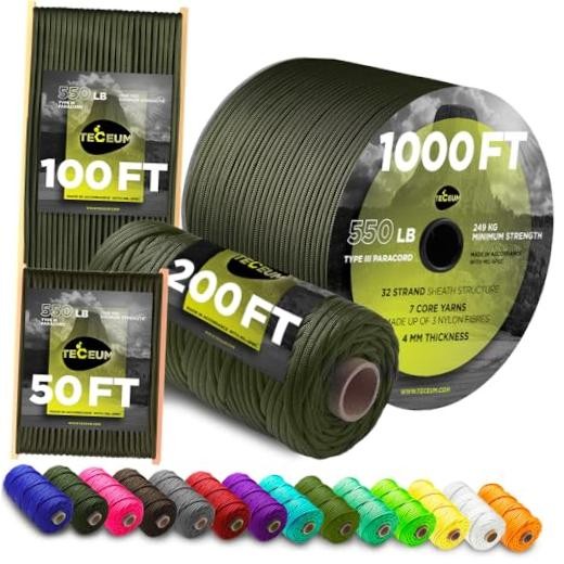 Paracord Type III 550 Army Green – 50 ft – 4mm – Tactical Rope MIL-SPEC –