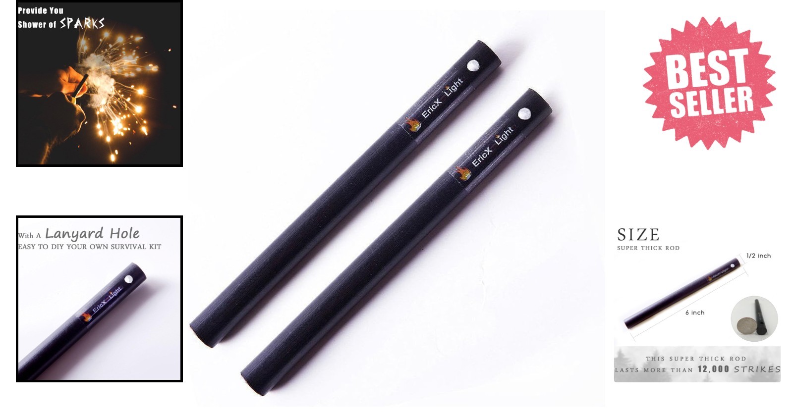 2 PCS 1/2 Inch x 6 Inch Ferrocerium Rods – Ultimate Fire Starter for Survival