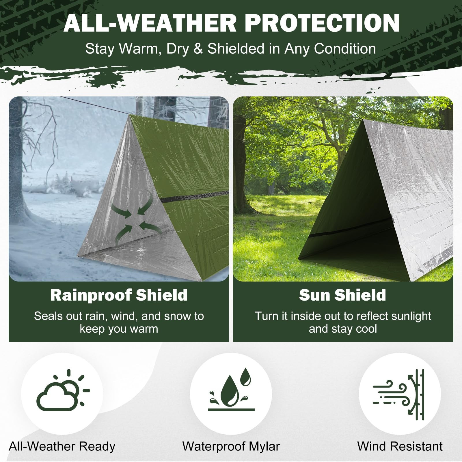 Life Emergency Shelter Survival Tent – 2 Person Space Blanket 2 Pack, Green