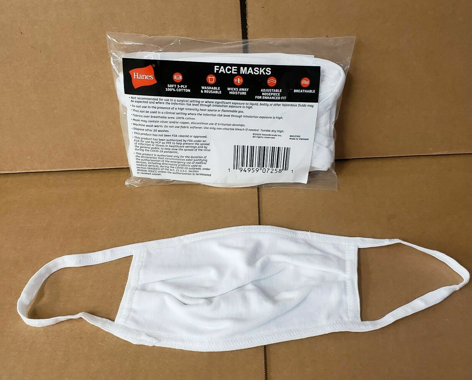 New 5 Pack Hanes Reusable PPE White Face mask, Washable soft 3-ply 100% Cotton