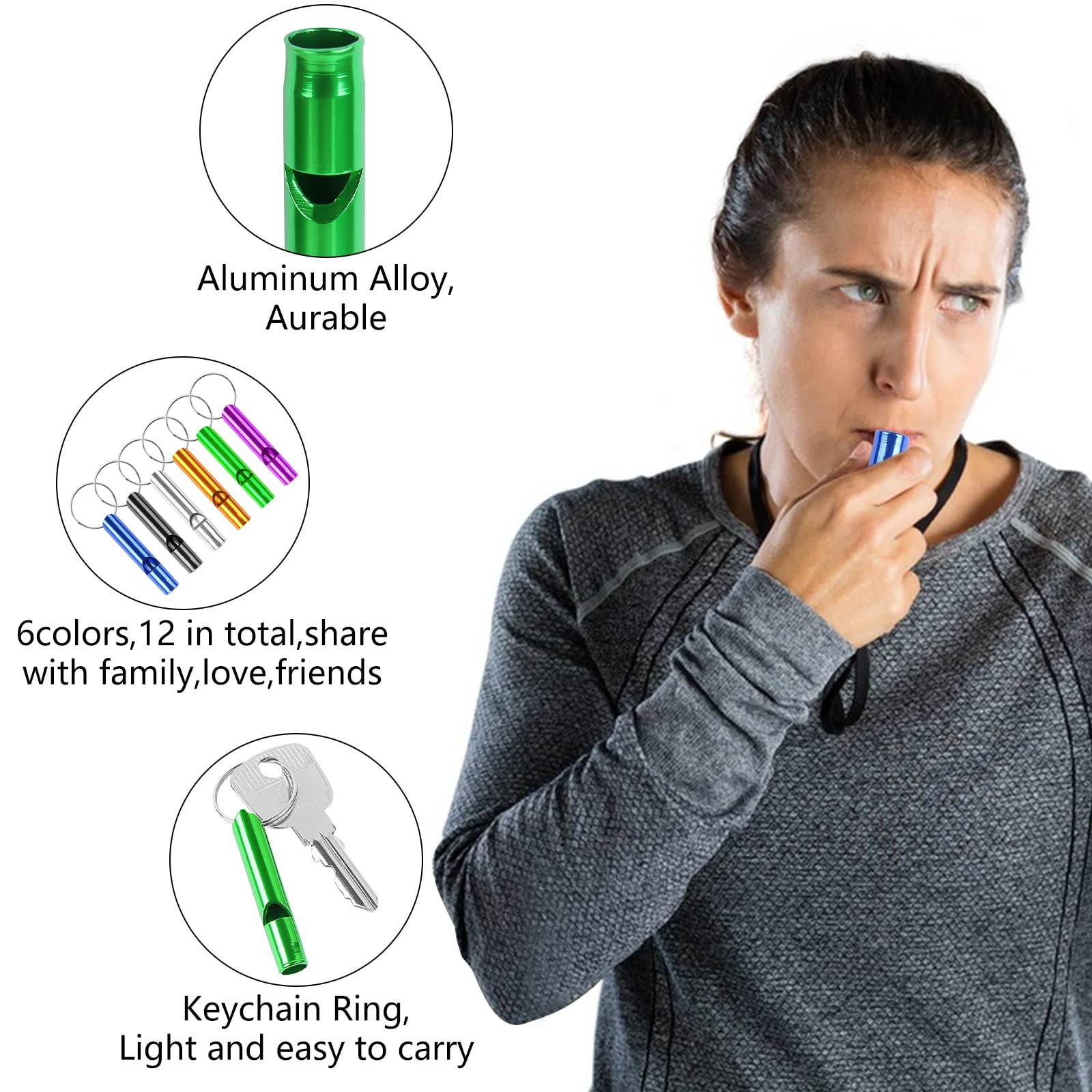 12 Pcs Whistle Emergency with Keychain Aluminum Extra Loud Survival Whistles