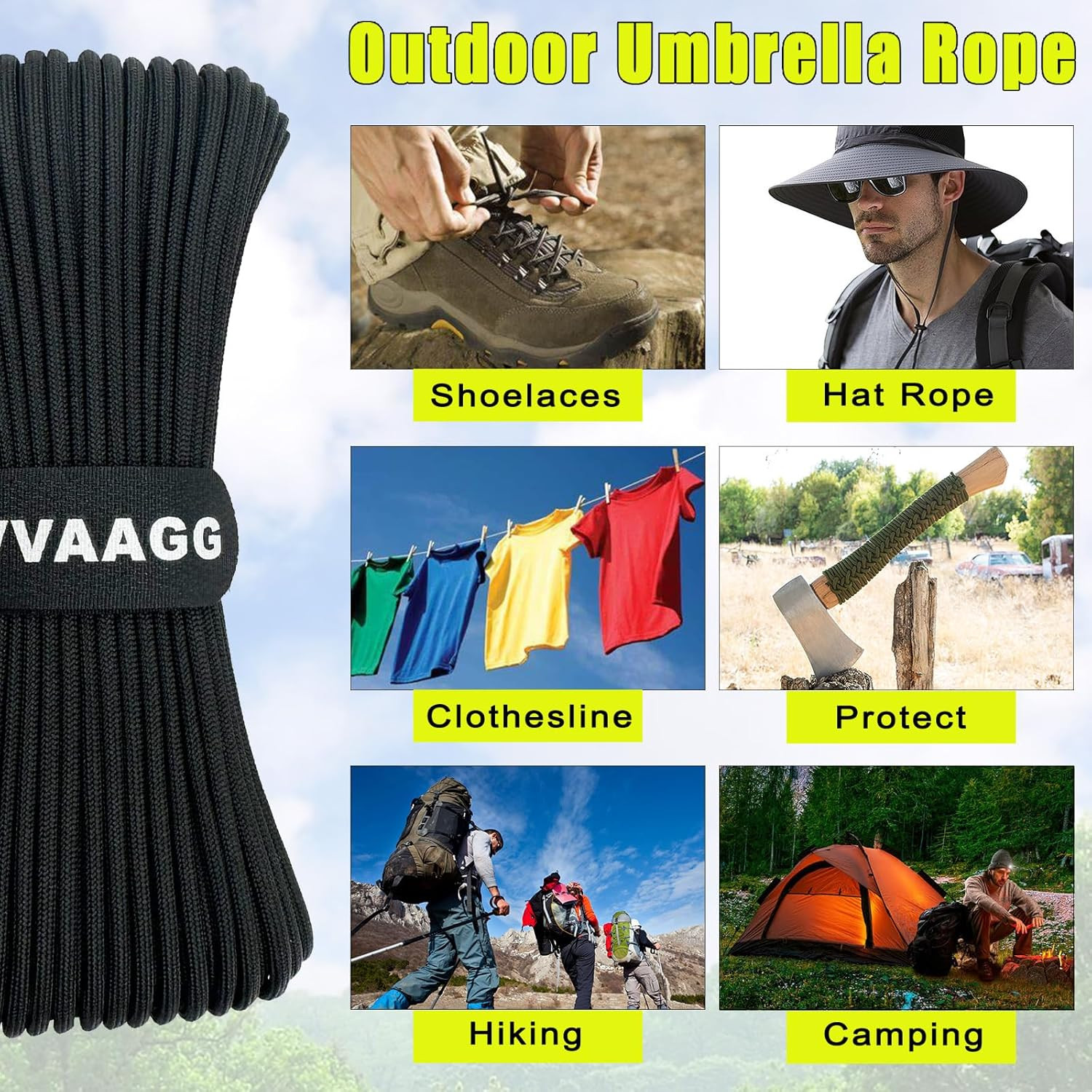 VVAAGG 1000 Black Paracord Rope 100FT Utility Nylon Heavy Duty 12 Strand Parachu
