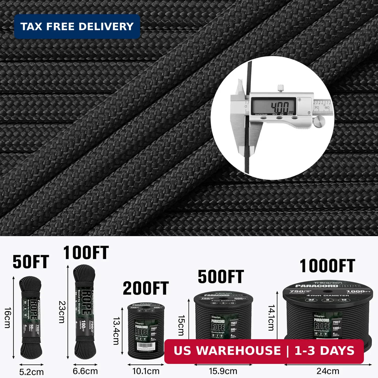 Paracord Rope 750 lb – 1000ft / 500ft / 200ft / 100ft 5/32″ Parachute Cord 4MM 1