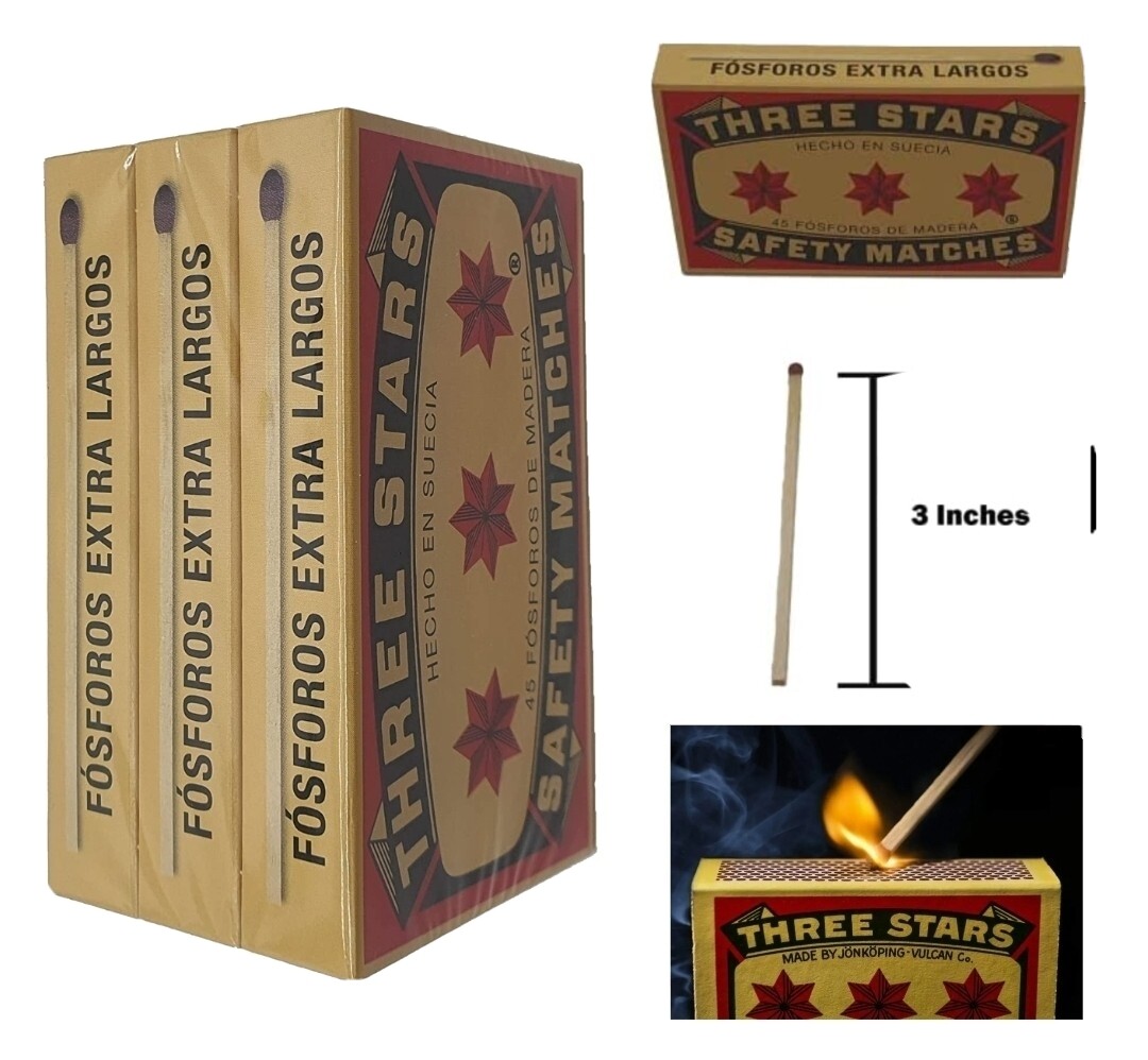 Swedish Match Three Stars Extra Long Safety Matches 3 Packs of 45 Strike each PK