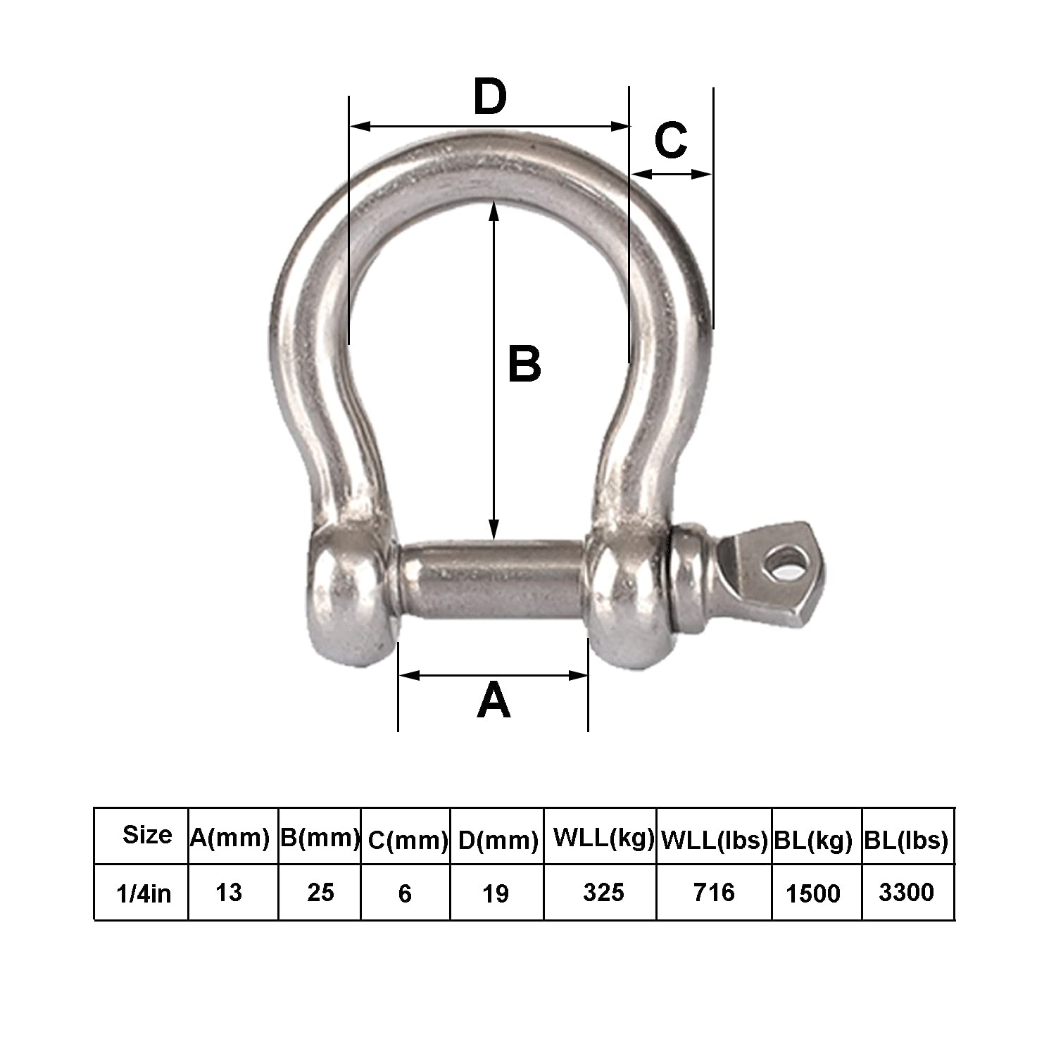 1/4 Inch Screw Pin Anchor Shackle, M6 6mm Stainless Steel Heavy Duty Bow Shape