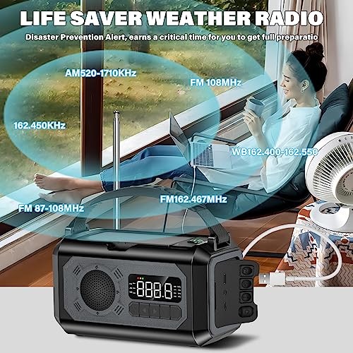 12000mAh Emergency Weather Radio, Hand Crank Solar Radio Portable Gray