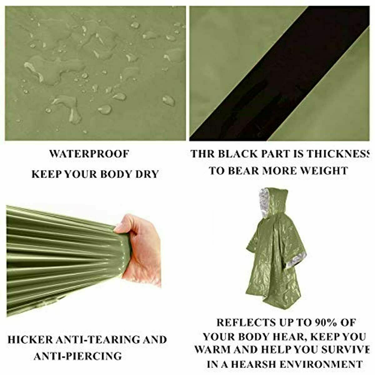 4Pack Reusable Mylar Thermal Blanket Poncho Emergency Survival Rain Camping Gear