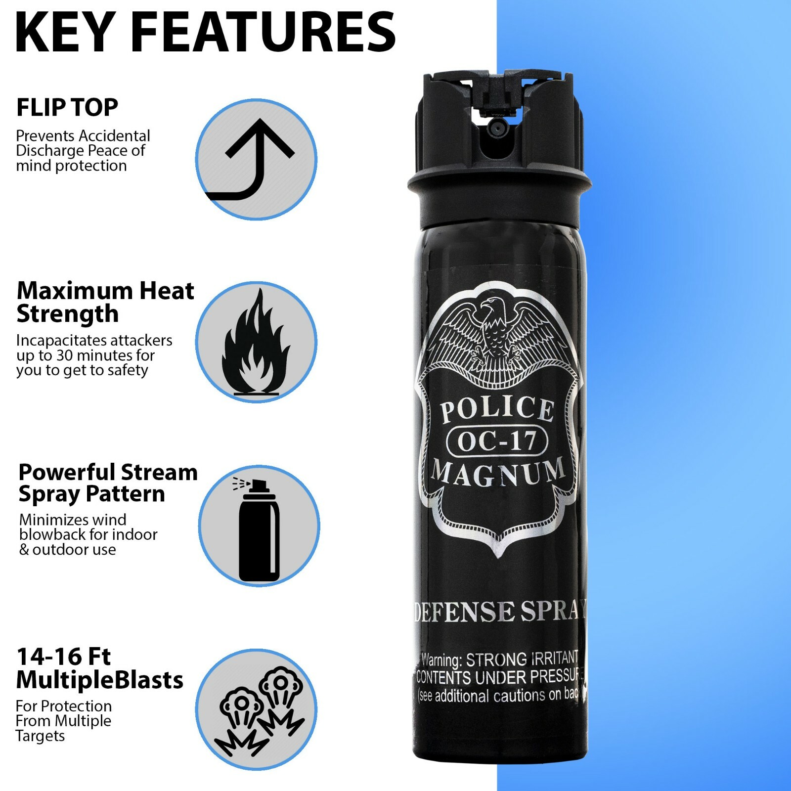POLICE MAGNUM Pepper Spray 4 ounce Flip Top Stream Personal Defense Protection