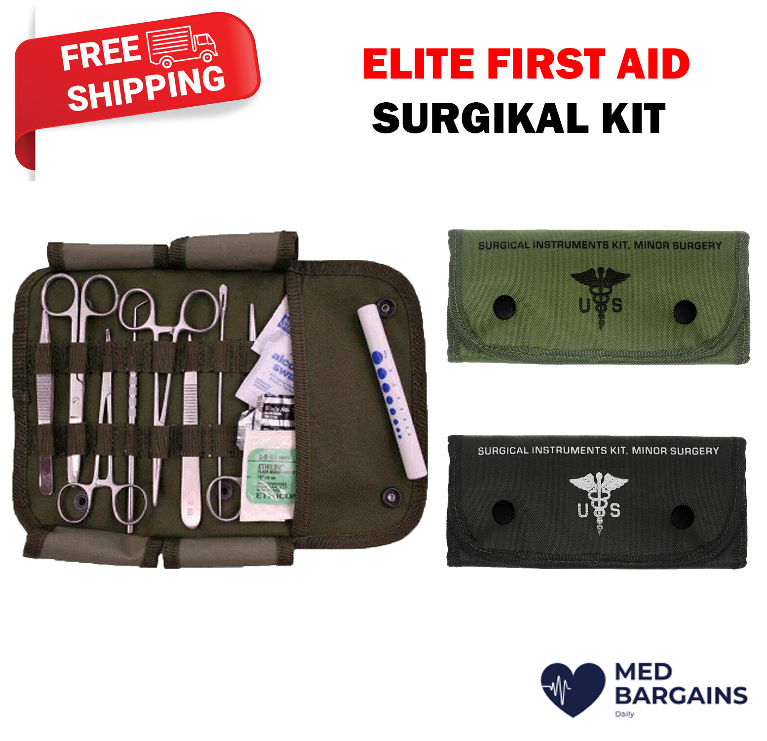 Elite First Aid Surgical Kit + REFILL With Military Molle Compatible Pouch