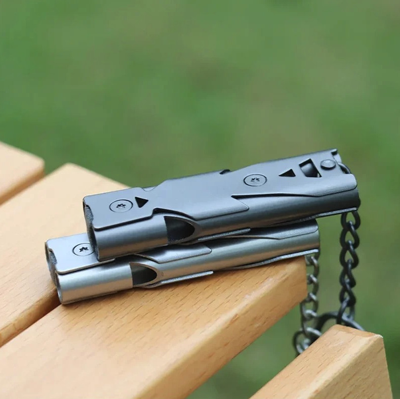 1pc 150DB Double Tube Survival Whistle Steel Emergency Rescue Tool – NEW