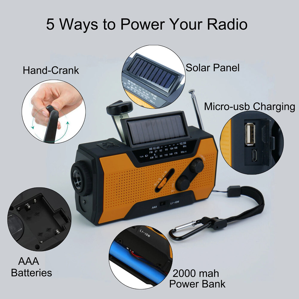 Emergency Solar Hand Crank Weather Radio 2000mAh Power Bank Charger Flash Light